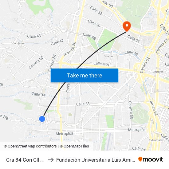 Cra 84 Con Cll 32 to Fundación Universitaria Luis Amigó map