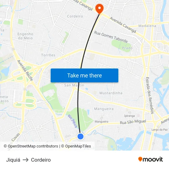 Jiquiá to Cordeiro map