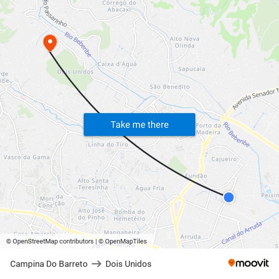 Campina Do Barreto to Dois Unidos map