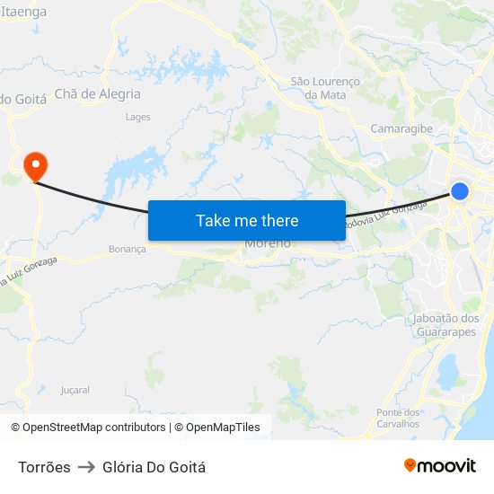 Torrões to Glória Do Goitá map