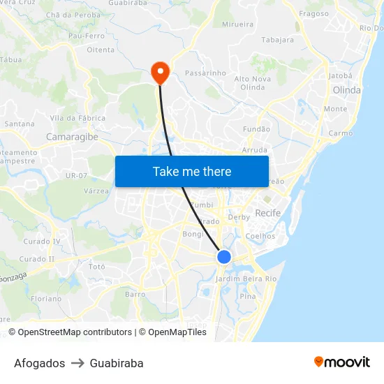 Afogados to Guabiraba map