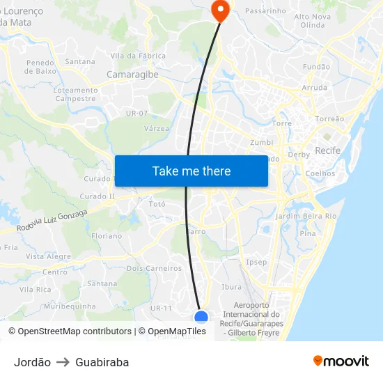 Jordão to Guabiraba map