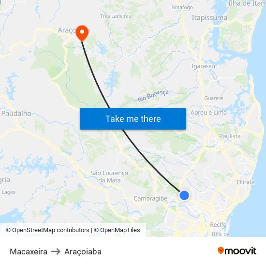 Macaxeira to Araçoiaba map