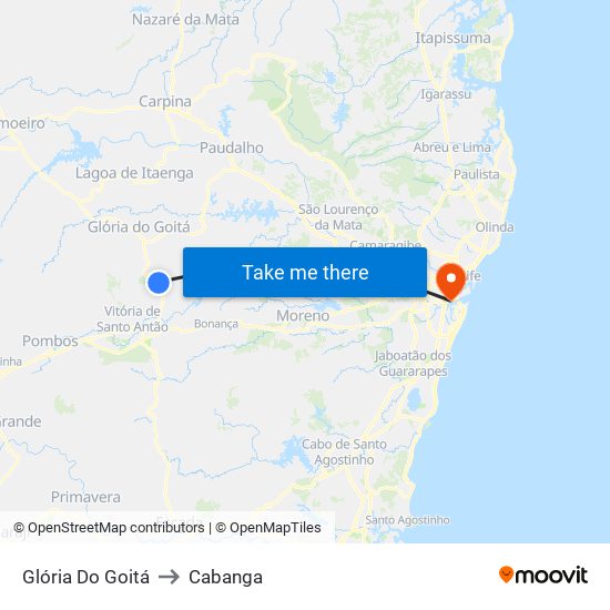 Glória Do Goitá to Cabanga map