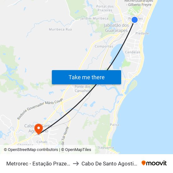 Metrorec - Estação Prazeres to Cabo De Santo Agostinho map