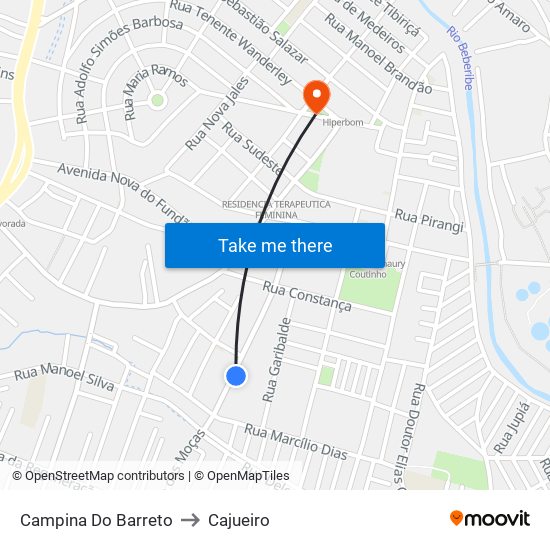 Campina Do Barreto to Cajueiro map