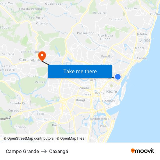 Campo Grande to Caxangá map