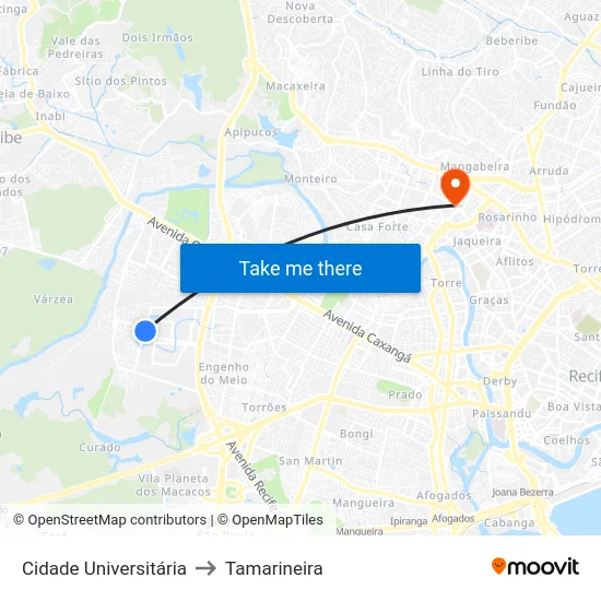 Cidade Universitária to Tamarineira map