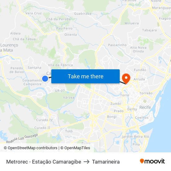 Metrorec - Estação Camaragibe to Tamarineira map