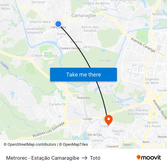 Metrorec - Estação Camaragibe to Totó map