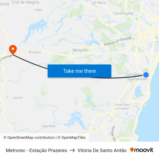 Metrorec - Estação Prazeres to Vitória De Santo Antão map