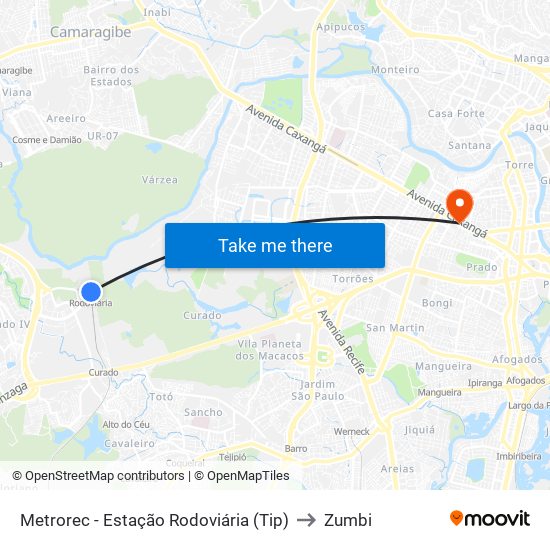 Metrorec - Estação Rodoviária (Tip) to Zumbi map