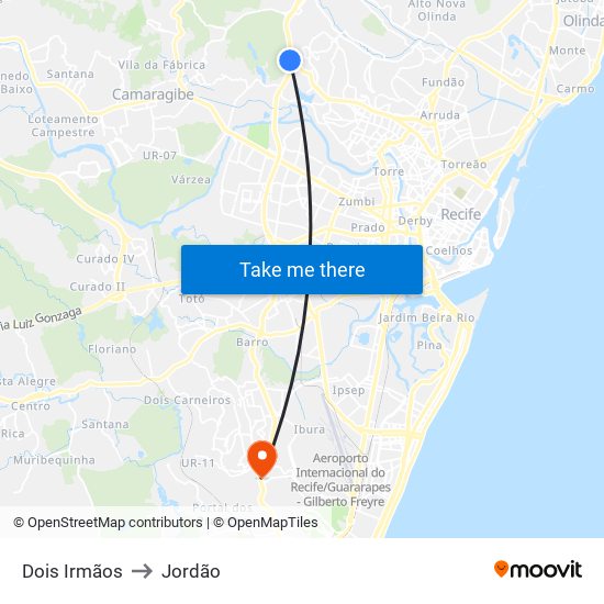 Dois Irmãos to Jordão map