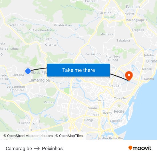 Camaragibe to Peixinhos map