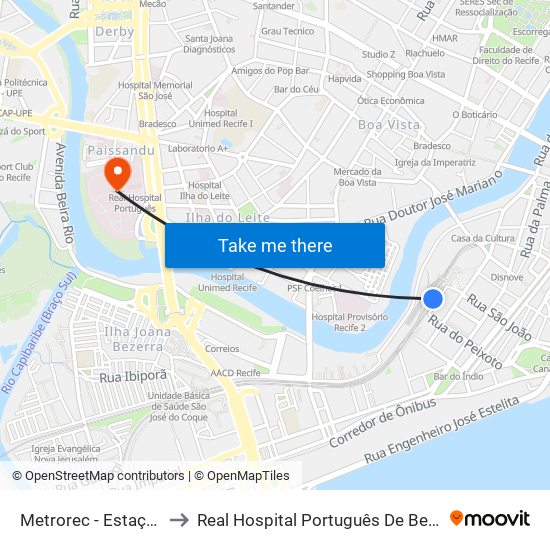 Metrorec - Estação Central Recife to Real Hospital Português De Beneficência Em Pernambuco map