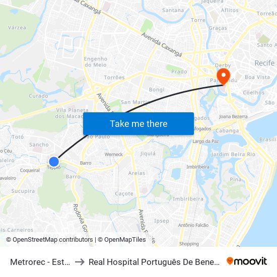 Metrorec - Estação Tejipió to Real Hospital Português De Beneficência Em Pernambuco map