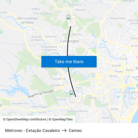 Metrorec - Estação Cavaleiro to Cemec map