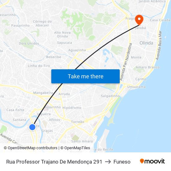 Rua Professor Trajano De Mendonça 291 to Funeso map