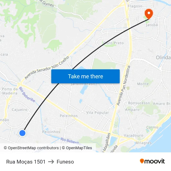 Rua Moças 1501 to Funeso map