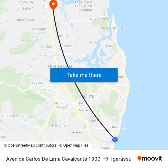 Avenida Carlos De Lima Cavalcante 1900 to Igarassu map