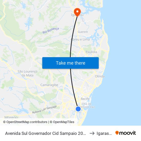 Avenida Sul Governador Cid Sampaio 2056 to Igarassu map