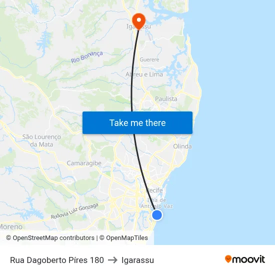 Rua Dagoberto Píres 180 to Igarassu map