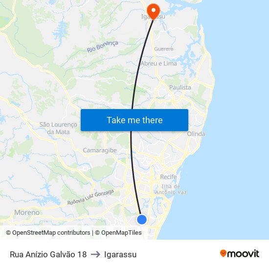 Rua Anízio Galvão 18 to Igarassu map