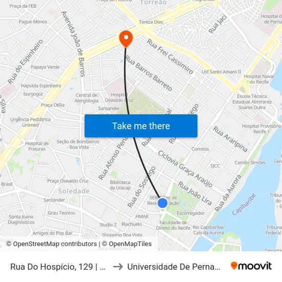 Rua Do Hospício, 129 | Parque 13 De Maio (Parada 3) to Universidade De Pernambuco - Campus Santo Amaro map