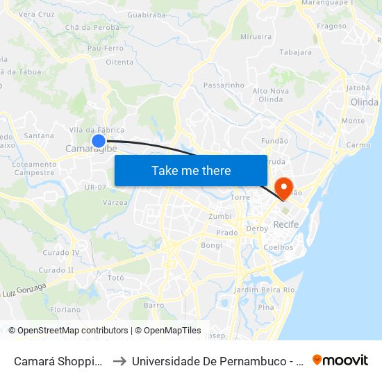 Camará Shopping | Parada 1 to Universidade De Pernambuco - Campus Santo Amaro map