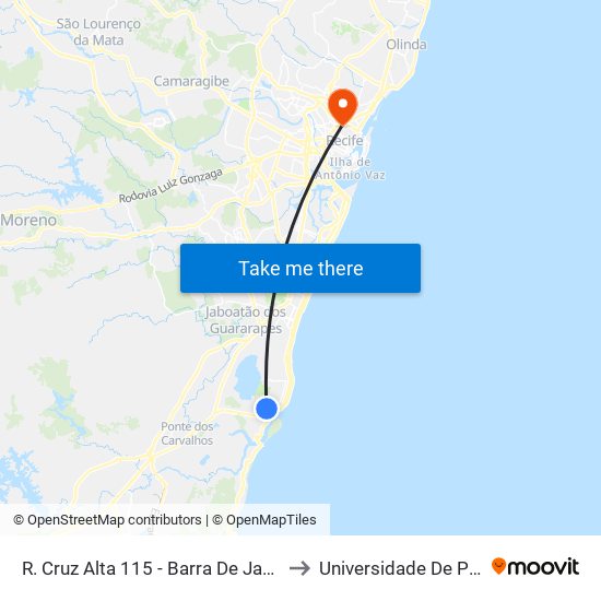 R. Cruz Alta 115 - Barra De Jangada Jaboatão Dos Guararapes - Pe 54470-270 Brasil to Universidade De Pernambuco - Campus Santo Amaro map