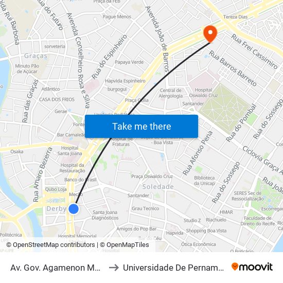 Av. Gov. Agamenon Magalhães 211 - Pista Local to Universidade De Pernambuco - Campus Santo Amaro map