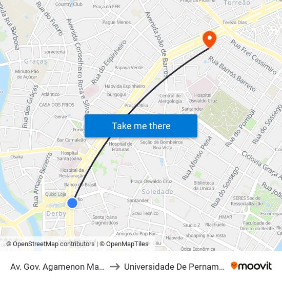 Av. Gov. Agamenon Magalhães 241 - Pista Central to Universidade De Pernambuco - Campus Santo Amaro map