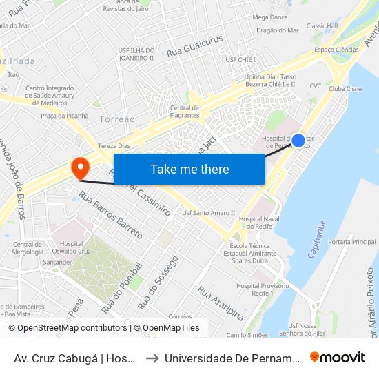 Av. Cruz Cabugá | Hospital Do Câncer (Parada 1) to Universidade De Pernambuco - Campus Santo Amaro map