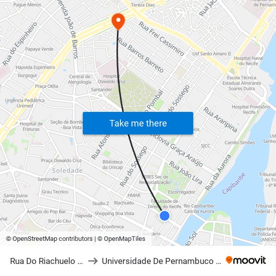 Rua Do Riachuelo 156 (Parada 2) to Universidade De Pernambuco - Campus Santo Amaro map