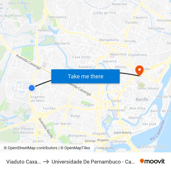 Viaduto Caxangá 824 to Universidade De Pernambuco - Campus Santo Amaro map