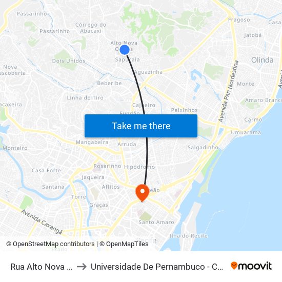 Rua Alto Nova Olinda, 31 to Universidade De Pernambuco - Campus Santo Amaro map