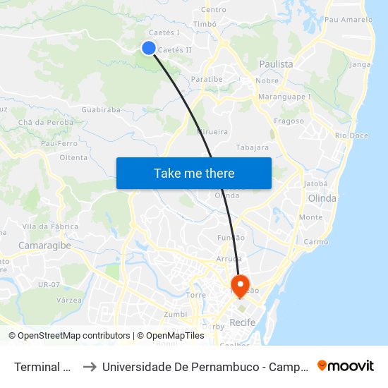 Terminal Caetés to Universidade De Pernambuco - Campus Santo Amaro map