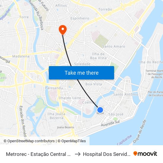 Metrorec - Estação Central Recife to Hospital Dos Servidores map