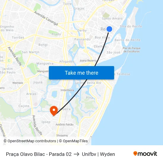 Praça Olavo Bilac - Parada 02 to Unifbv | Wyden map