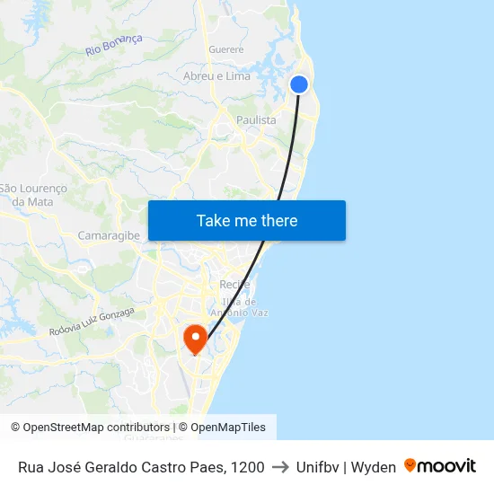 Rua José Geraldo Castro Paes, 1200 to Unifbv | Wyden map