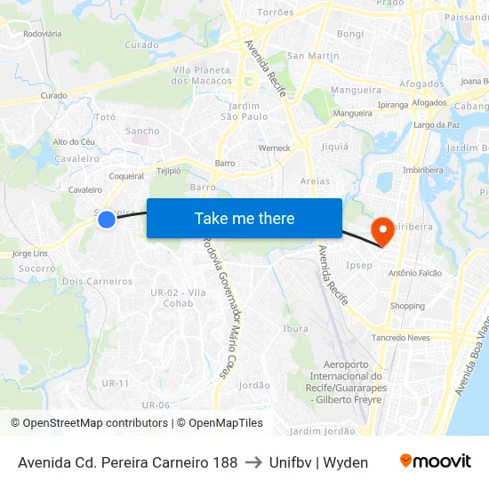 Avenida Cd. Pereira Carneiro 188 to Unifbv | Wyden map
