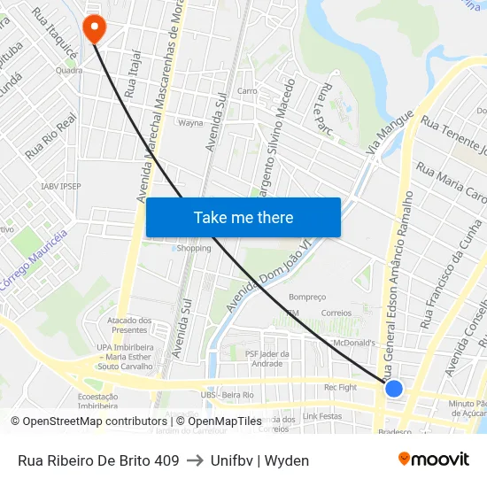 Rua Ribeiro De Brito 409 to Unifbv | Wyden map
