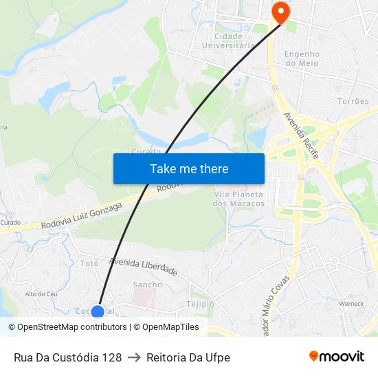 Rua Da Custódia 128 to Reitoria Da Ufpe map