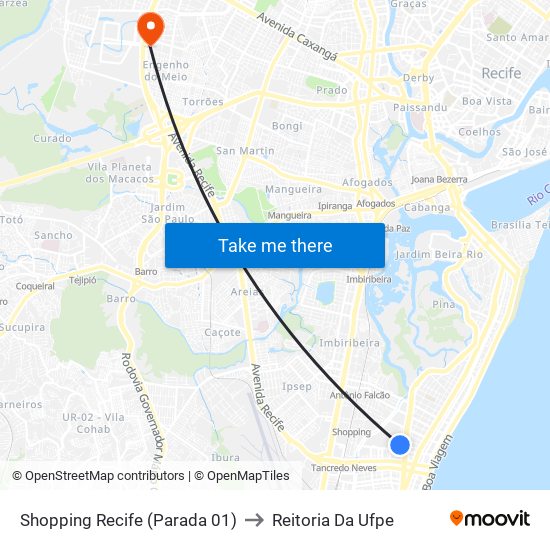 Shopping Recife (Parada 01) to Reitoria Da Ufpe map