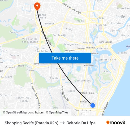Shopping Recife (Parada 02b) to Reitoria Da Ufpe map