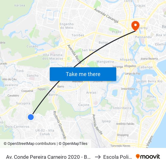 Av. Conde Pereira Carneiro 2020 - Barro Recife - Pe 51340-695 Brasil to Escola Politécnica - Upe map