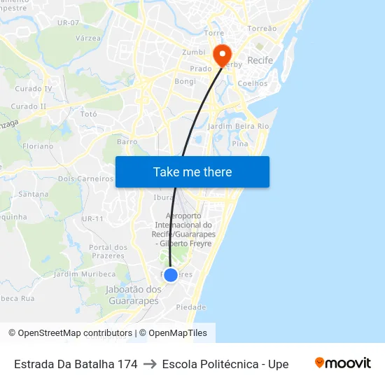 Estrada Da Batalha 174 to Escola Politécnica - Upe map