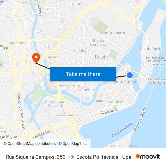 Rua Siqueira Campos, 353 to Escola Politécnica - Upe map