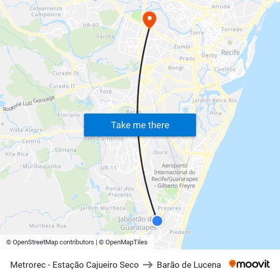 Metrorec - Estação Cajueiro Seco to Barão de Lucena map