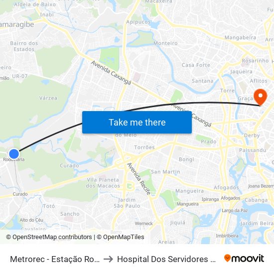 Metrorec - Estação Rodoviária (Tip) to Hospital Dos Servidores Do Estado - Hse map